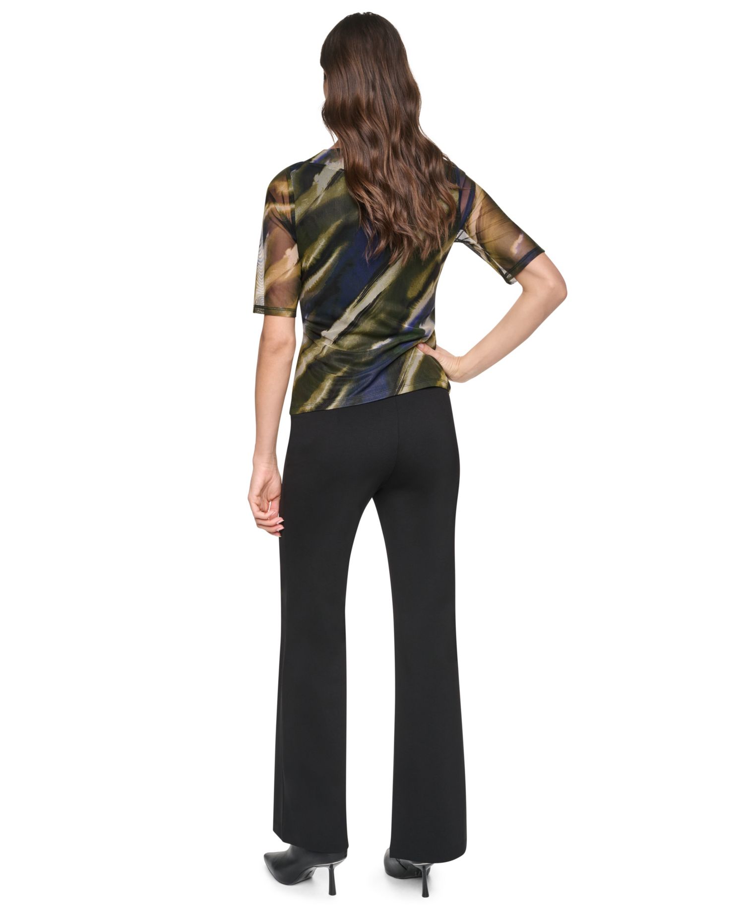 Women's Printed Mesh Twist-Front V-Neck Top