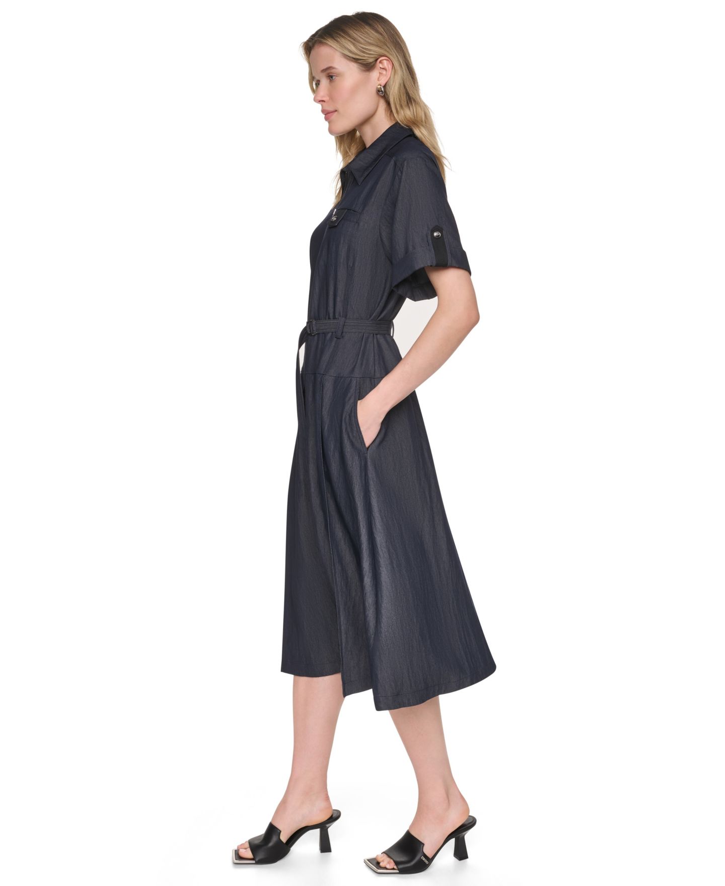 Женское платье DKNY Collared Short-Sleeve Removable Belt Midi, цвет: Тёмный индиго варёный — фото 3
