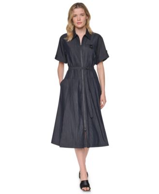 Women's Collared Short-Sleeve Removable Belt Midi Dress