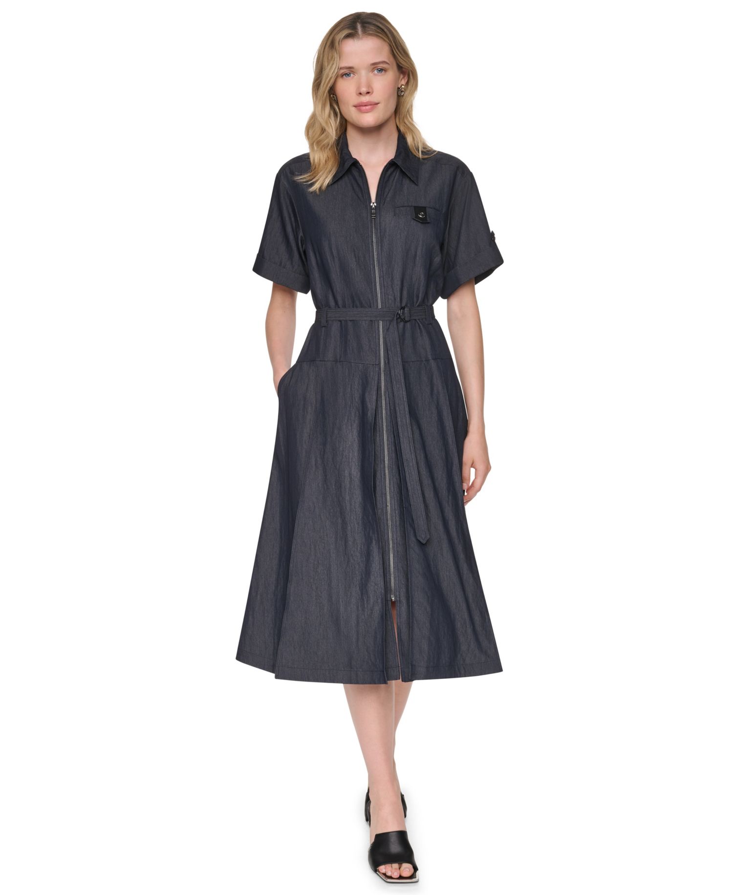 Women's Collared Short-Sleeve Removable Belt Midi Dress