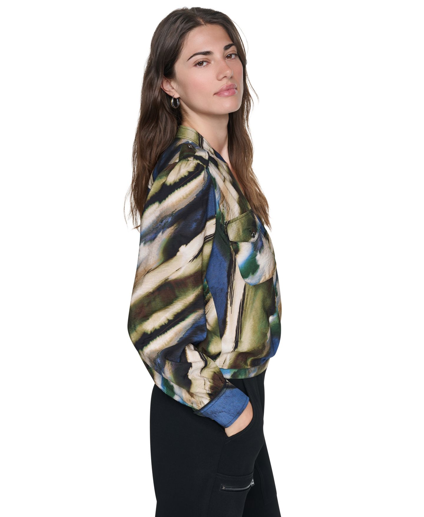 Женская блузка DKNY Printed Surplice V-Neck Long-Sleeve Voile Blouse, цвет: Brushed Riverside — фото 3