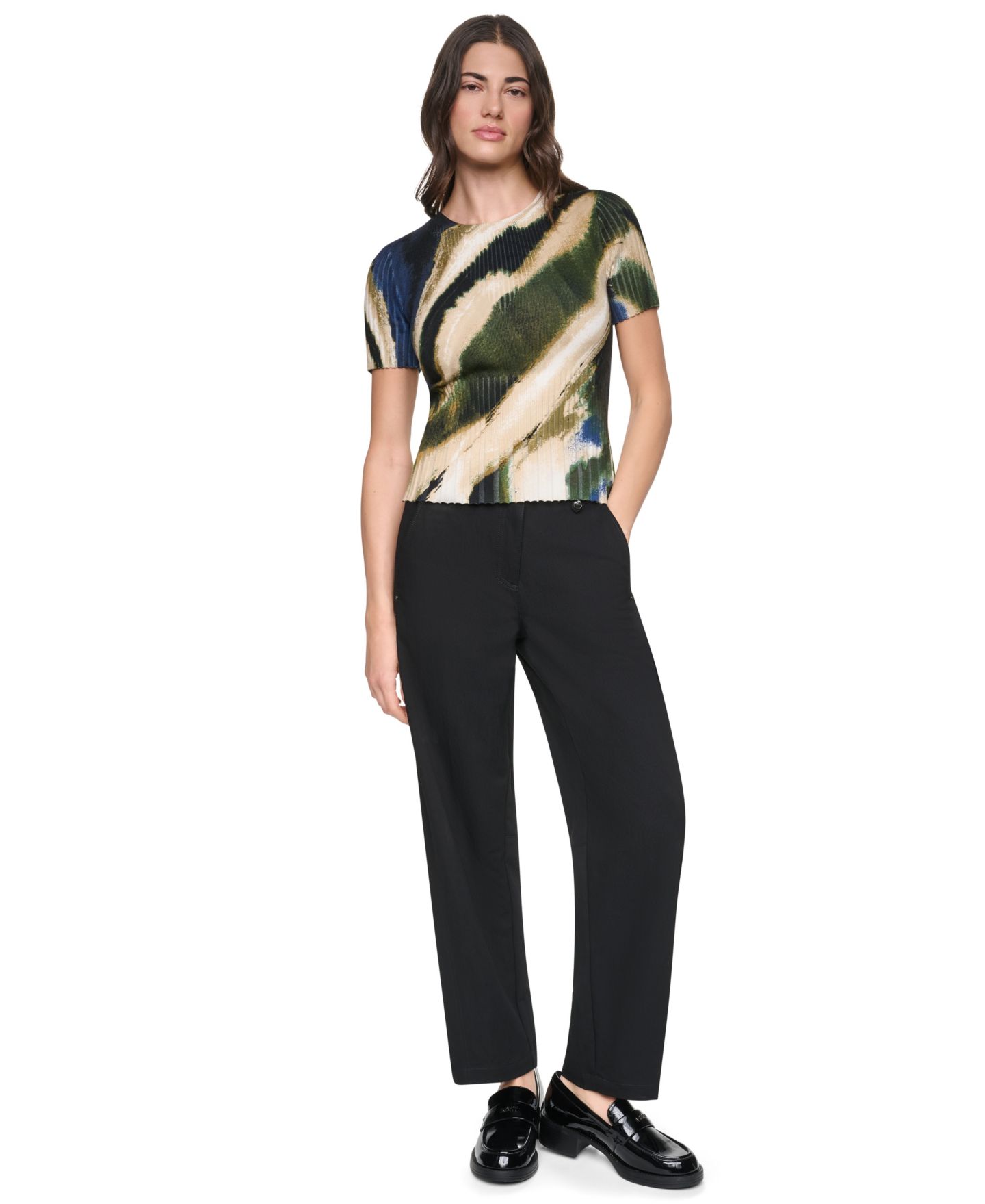 Женский свитер DKNY Printed Rib Knit Crewneck Short-Sleeve, цвет: Brushed Riverside — фото 2