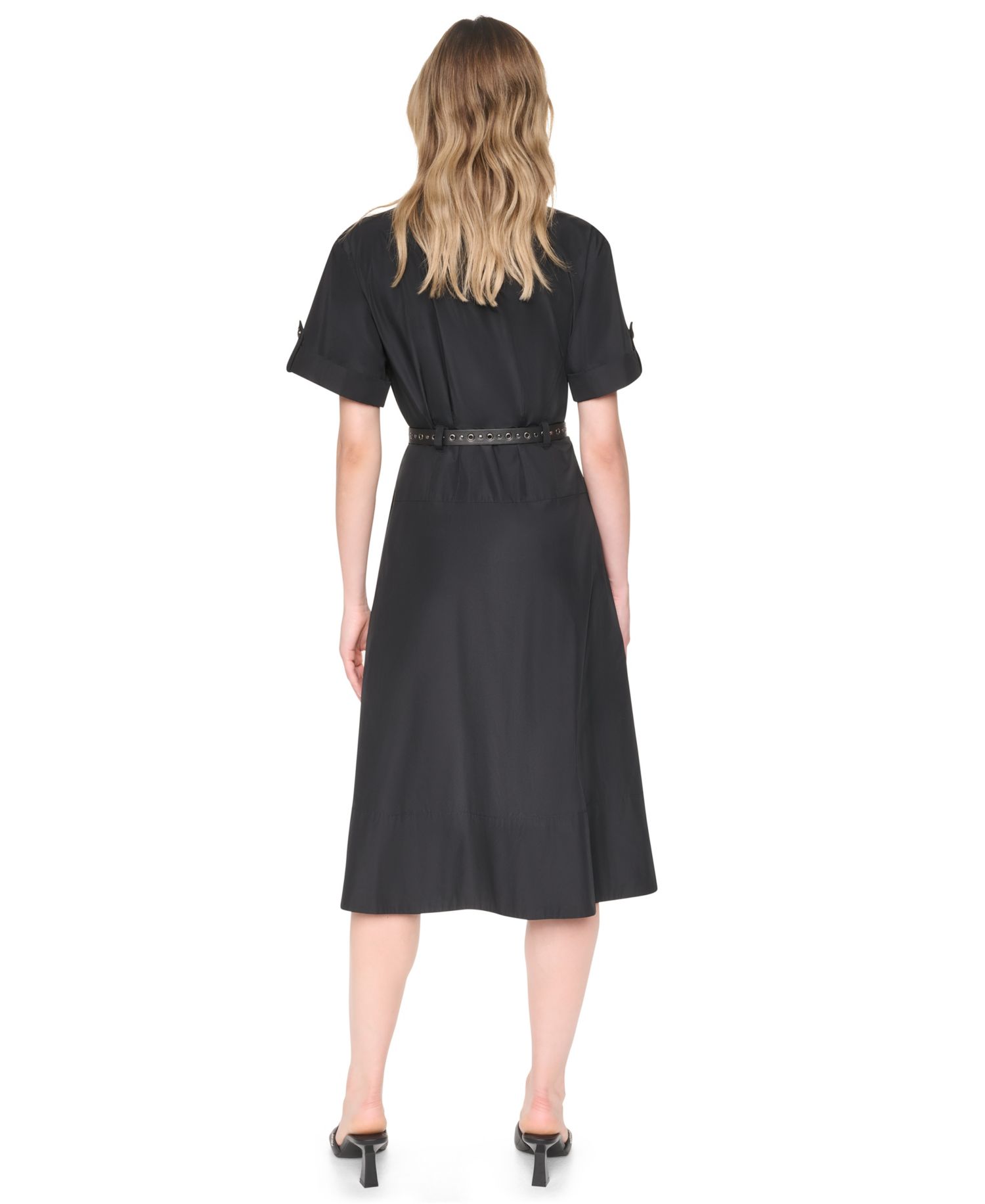 Women's Collared Short-Sleeve Removable Belt Midi Dress
