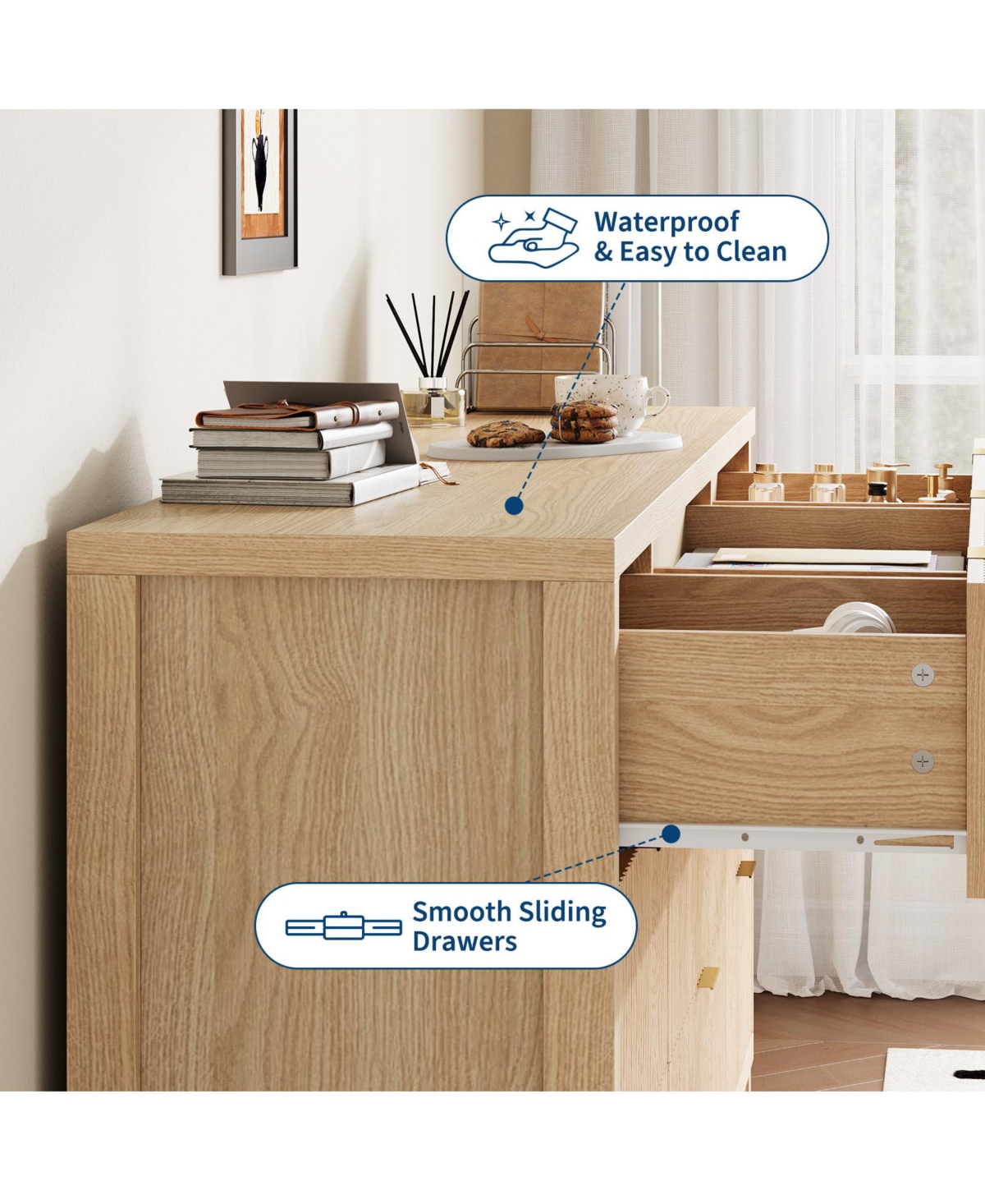 homfan 9 Drawer Dresser with Fluted Front and Metal Handles for Bedroom, Closet, Living Room, Apartment