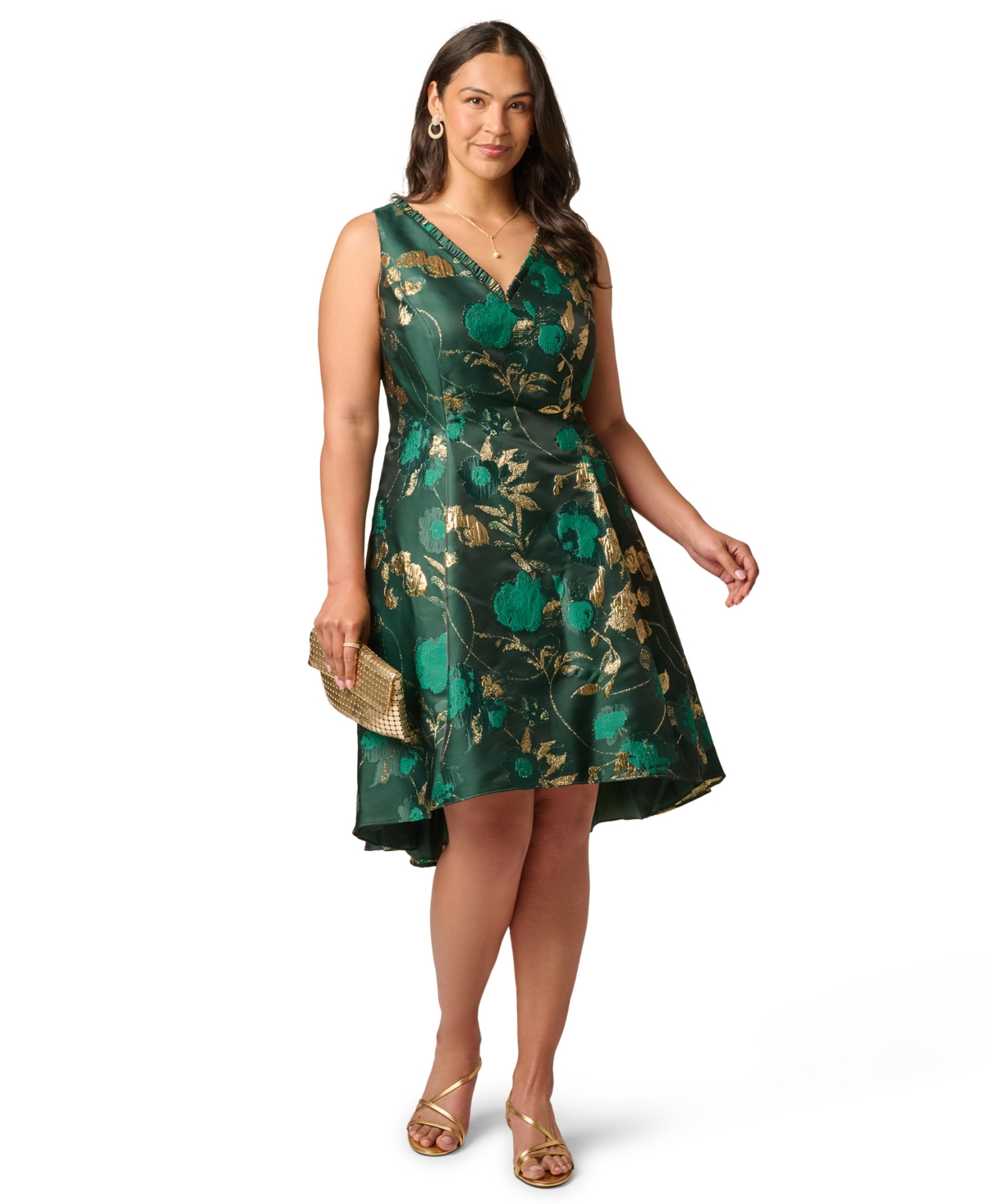 Adrianna Papell Plus Printed V-Neck Sleeveless High-Low Dress