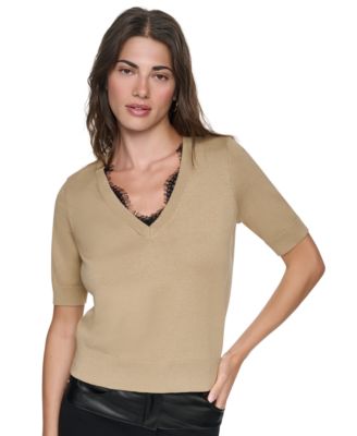 Women's Lace Trim Crewneck Short-Sleeve Cotton Sweater