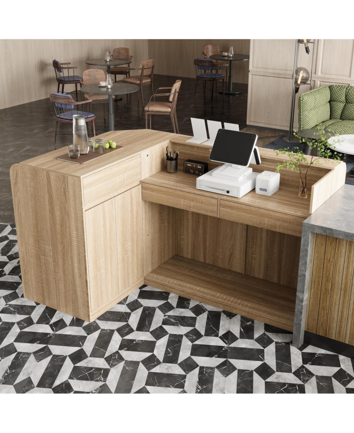 Homsee L-Shaped Reception Desk with Storage - Premium Engineered Wood Front Desk with Open Shelves and Drawers