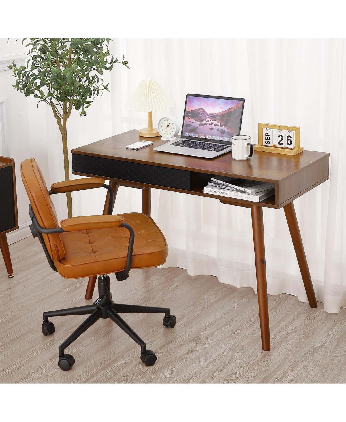 homfan Space-Saving Mid-Century Writing Desk - Computer Table with Drawer and Open Cubby - Sturdy Wood - Easy Assembly