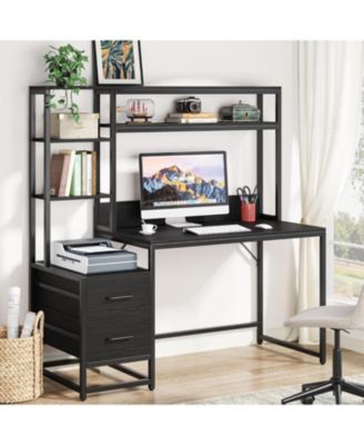 55" Computer Desk with 2 Drawers: Rustic office desk with hutch and shelves. Workstation for home office