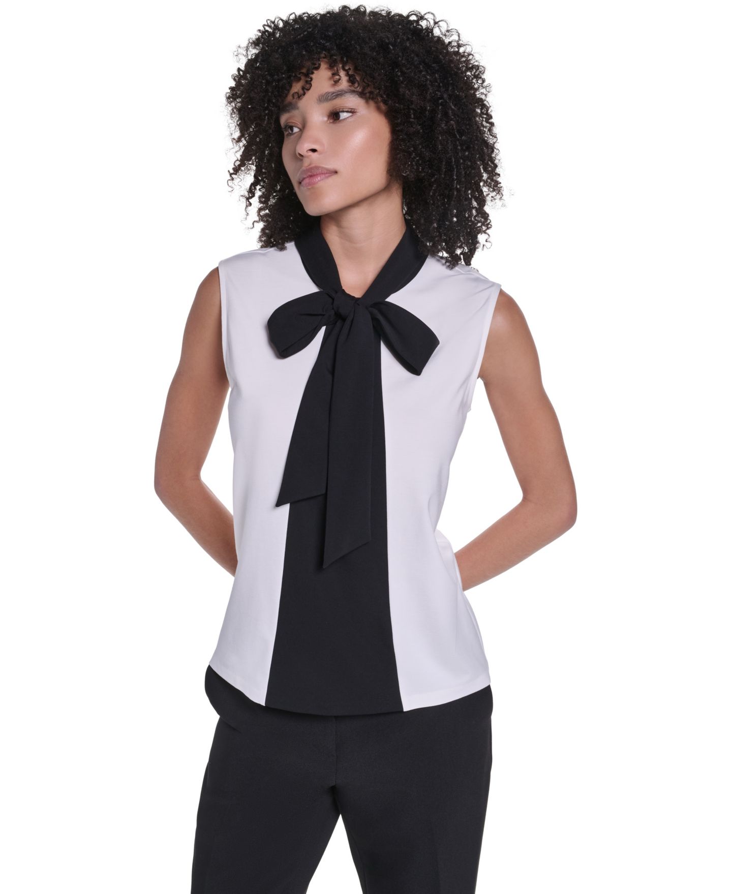 Женская блузка KARL LAGERFELD PARIS Mock Neck Keyhole Blouse, цвет: Мягкий белый / Чёрный — фото 4