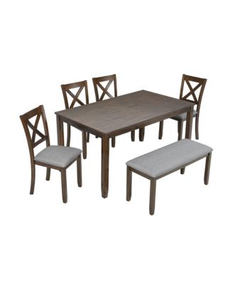 6-Piece Dining Table Set with Upholstered Chairs and Bench, Rectangular Dining Table