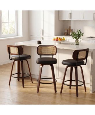 Set of 3 Mid-Century Modern Swivel Bar Stool with Cane Back, Walnut Wood Frame and 360&deg; Swivel Seat