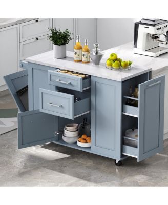 50.7" Rolling Kitchen Island with Tilt Trash Can, Drop Leaf, and Storage