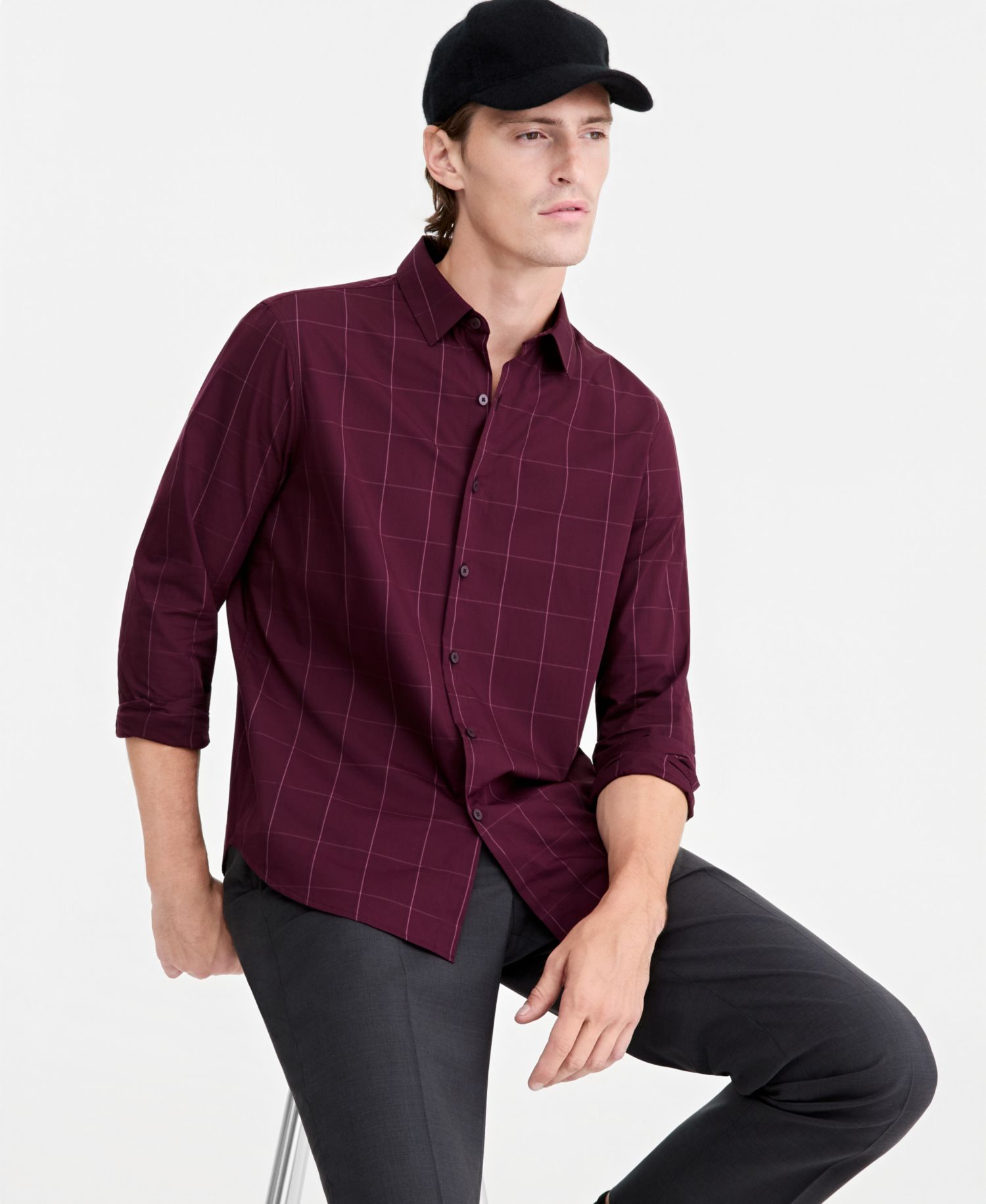 Men's Windowpane Cotton Poplin Button-Down Shirt