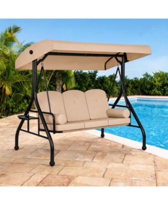 Outdoor Patio Swing Chair, 3 Seat Porch Swing with Canopy, Heavy Duty Steel Frame Garden Swing Bench, Cushioned Outdoor Hanging Seat