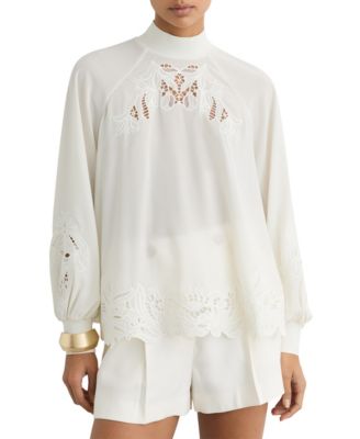 Women's Rae High-Neck 3/4-Sleeve Blouson Lace Blouse