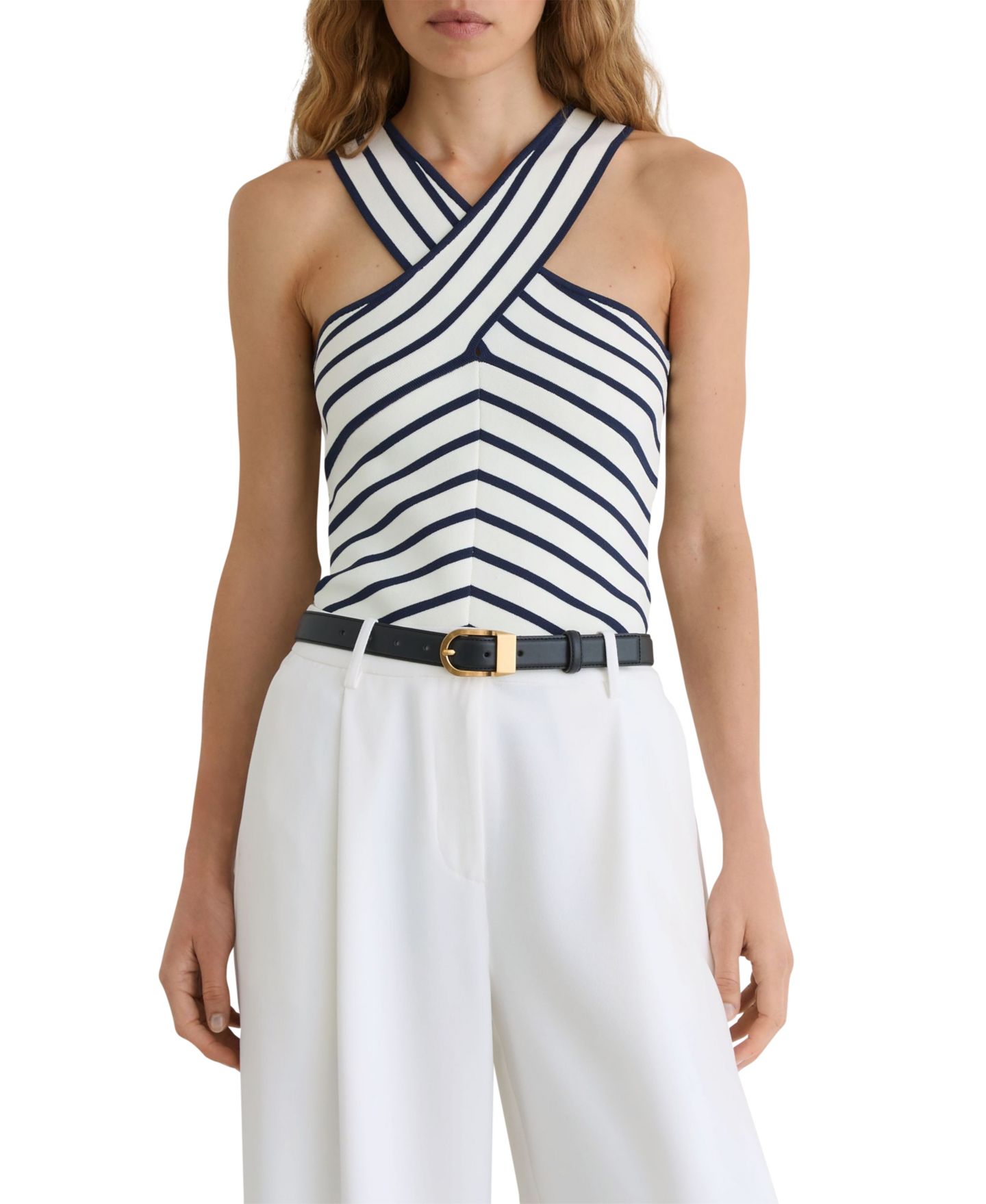 Женский жилет REISS Aria Striped Crossover Compact-Knit, цвет: Белый / Тёмно-синий — фото 2