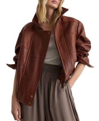 Women's Petra Textured Oversized Funnel-Neck Leather Jacket