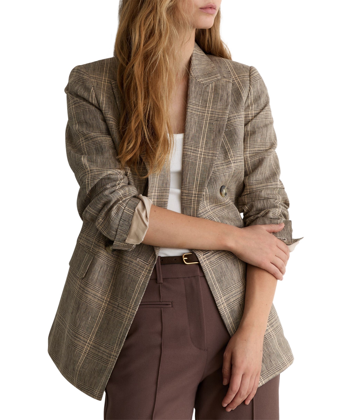 Reiss Women's Sybil Linen Double-breasted Check Blazer In Neutral
