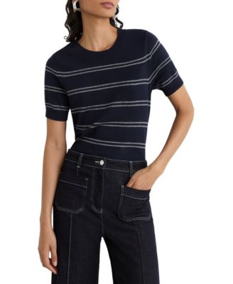 Women's Sabrina Striped Crewneck Short-Sleeve Wool-Blend Knit Top