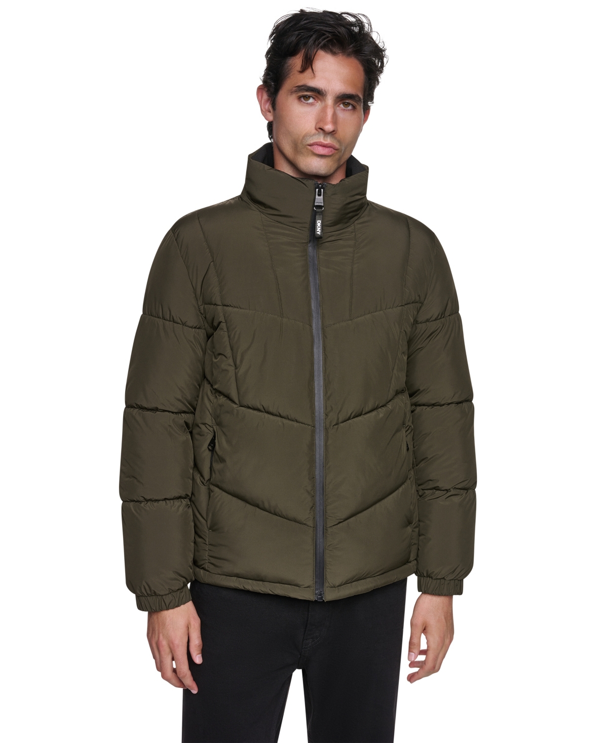 DKNY Men's Stretch Puffer Jacket in Olive Size Small