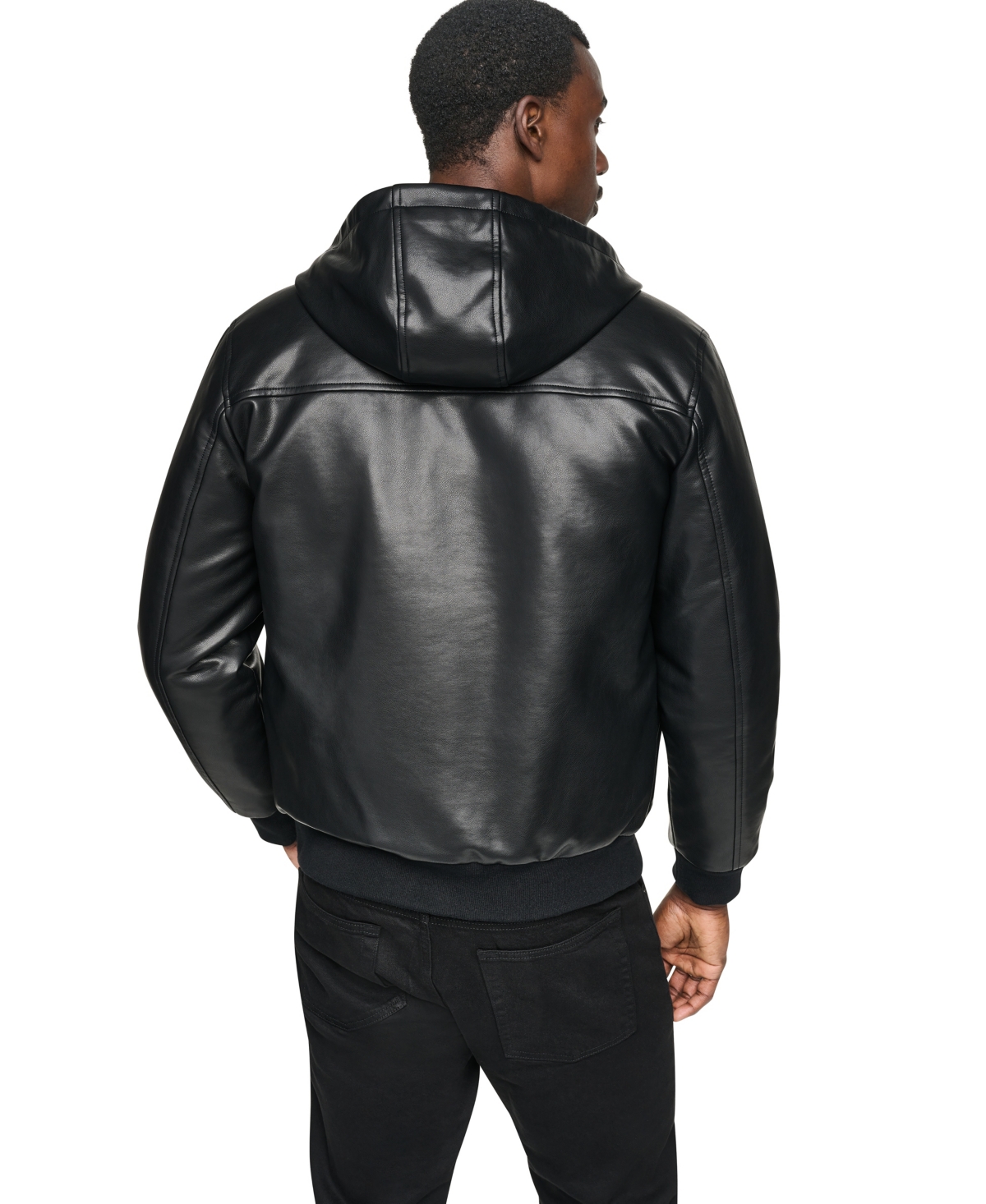 Dkny Men's Hooded Faux Leather Bomber Jacket
