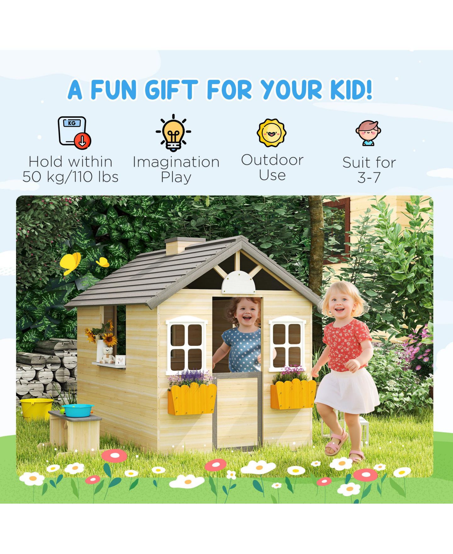 Детская игрушка Outsunny Wooden Outdoor Playhouse, Ages 3-7, цвет: Натуральный — фото 4