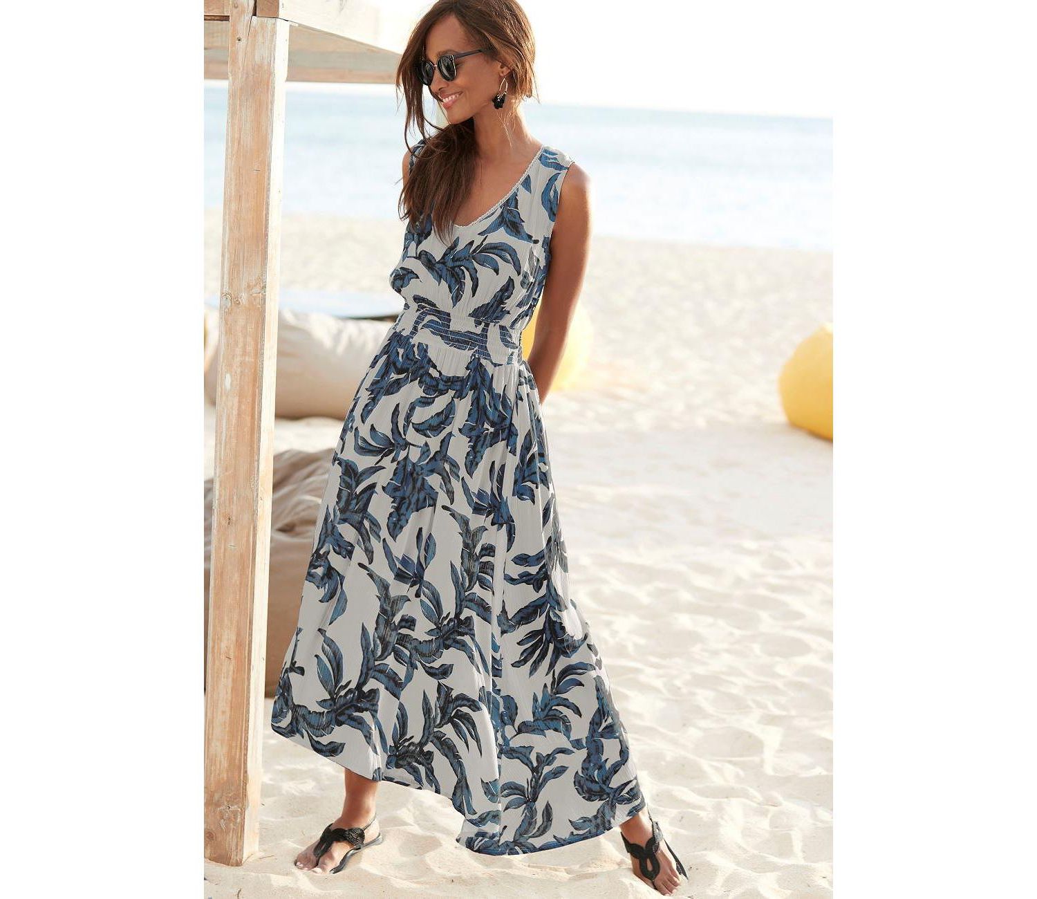 Women's Viscose Printed Crochet V-Neck Smocked-Waist Maxi Dress
