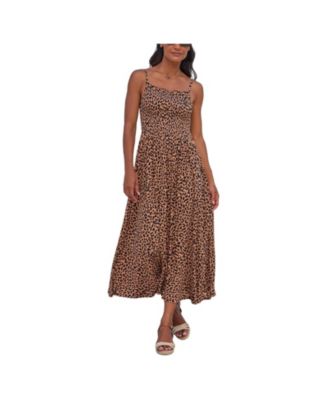 Women's Viscose Animal Print Smocked Square-Neck Midi Dress