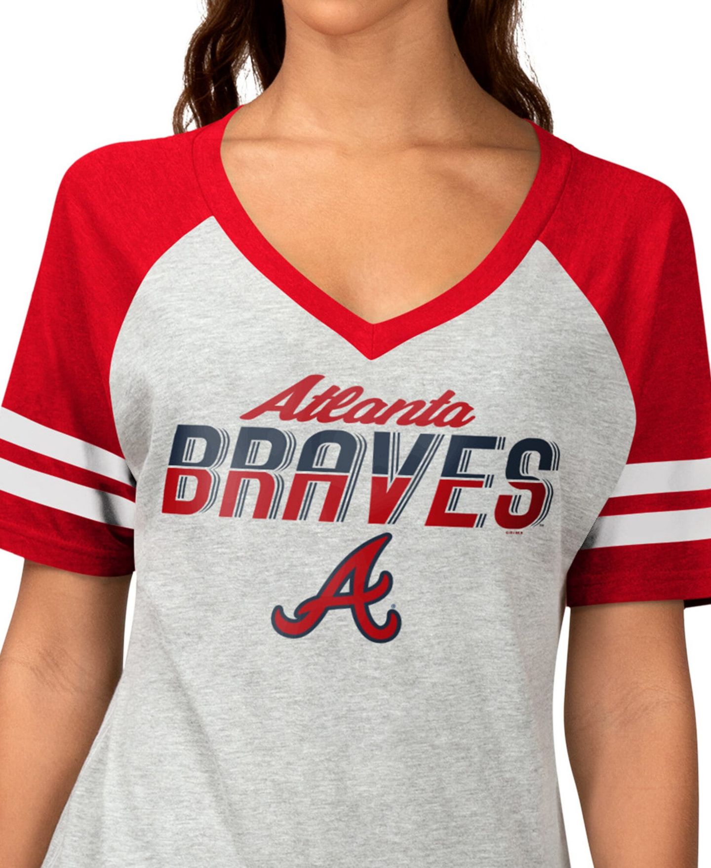 Женская футболка G-III 4Her by Carl Banks Heather Gray Atlanta Braves Goal Line Raglan V-Neck — фото 3