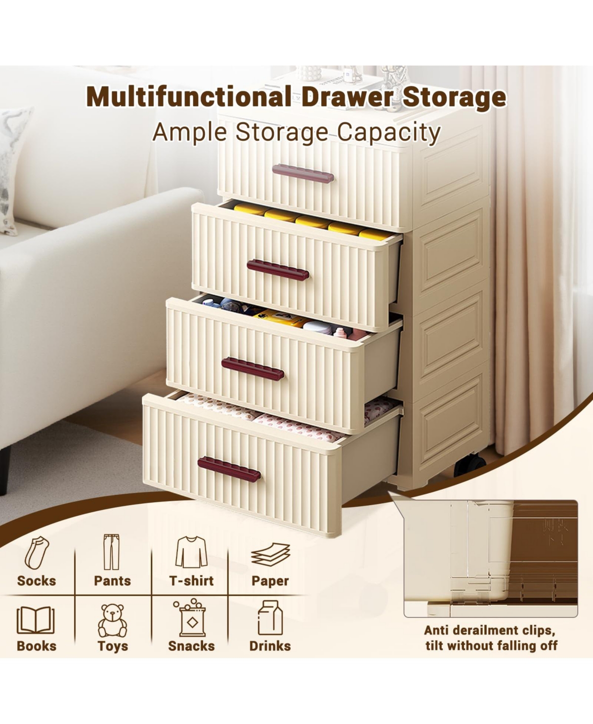 homfan Plastic Storage Drawer Cart, Pull Out Home Organization Storage Container Rolling Bin Vertical Storage Unit for Bedroom Living Room Office