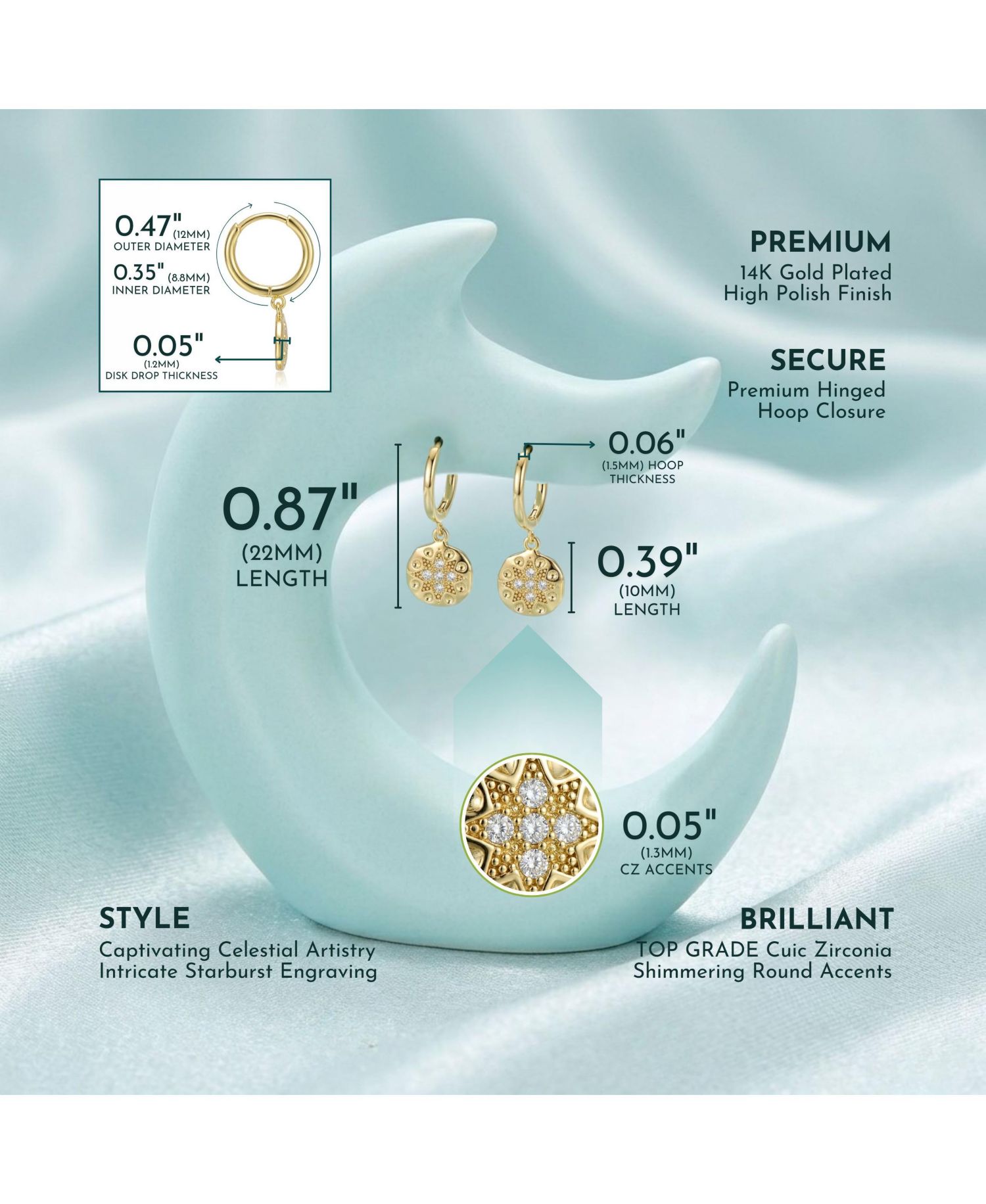 Dainty 14K Gold Plated CZ Starburst Hoop Drop Earrings