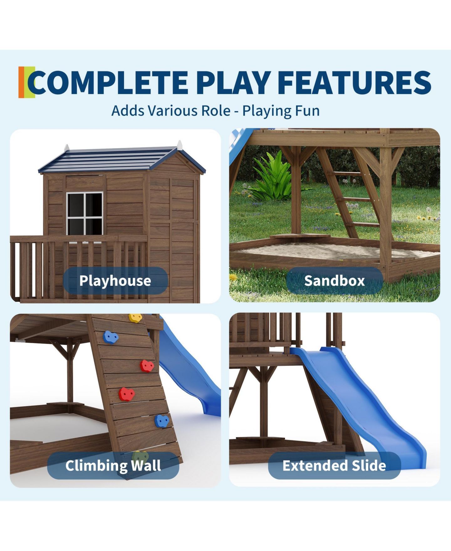 Детская игрушка homfan Kids Outdoor Playhouse with Sandbox, 89 Inch 2 Story Wooden Playhouse with Slide and Step Ladder for Backyard — фото 3