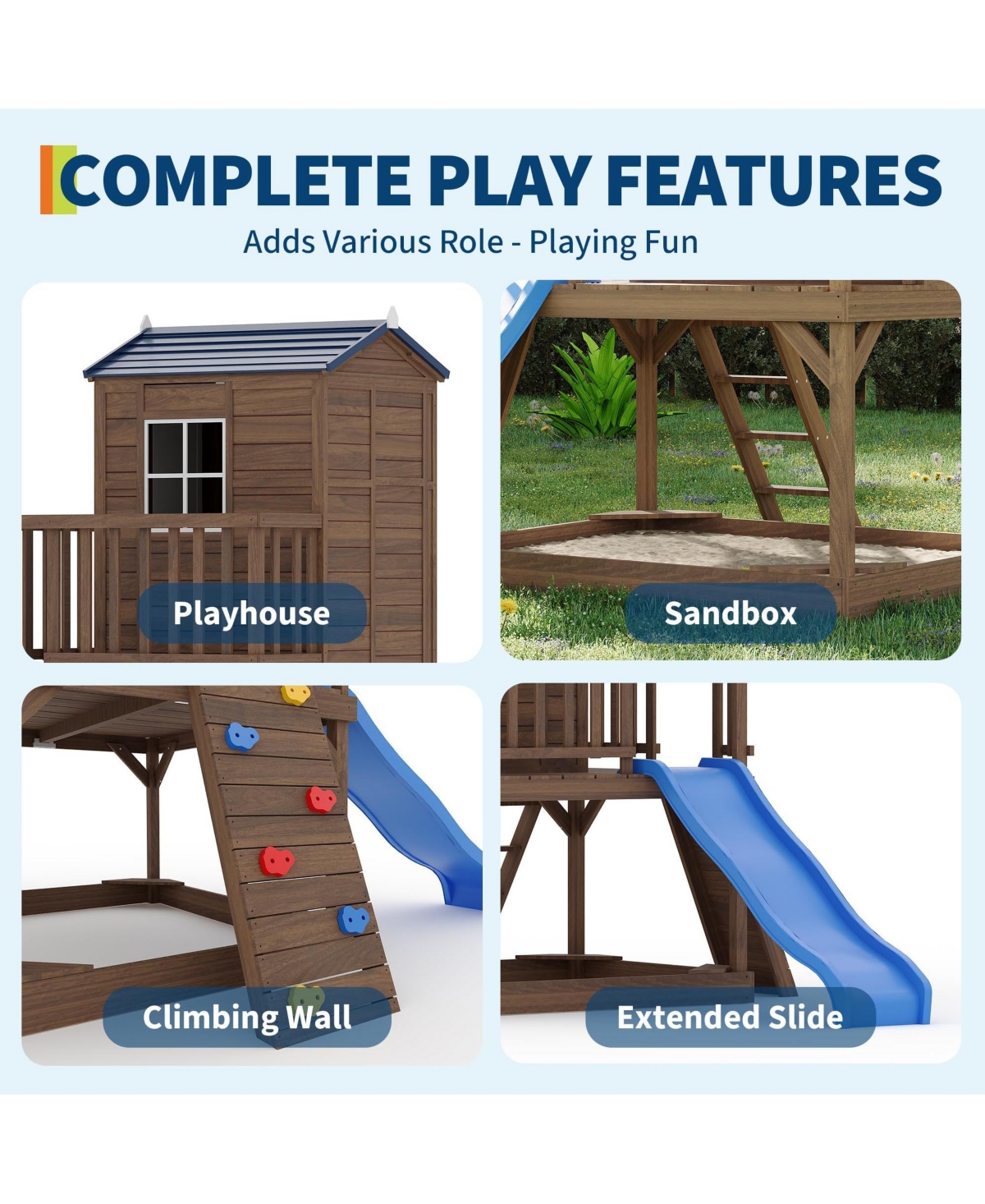 homfan Kids Outdoor Playhouse with Sandbox, 89 Inch 2 Story Wooden Playhouse with Slide and Step Ladder for Backyard