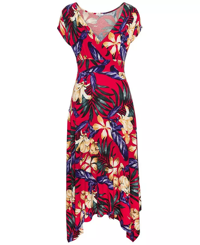 Women's Viscose Printed Handkerchief Hem V-Neck Tie-Waist Midi Dress - thumbnail 4