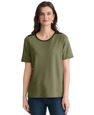 Women's Color-Block Button Shoulder T-Shirt