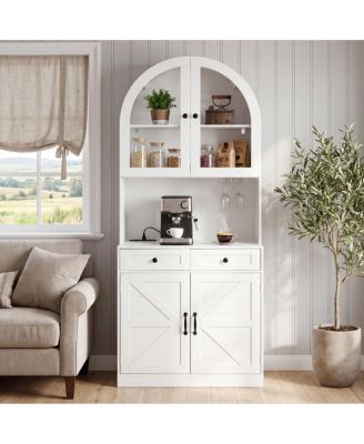 75" Farmhouse Arched Pantry Cabinet with Charging Station and Coffee Bar