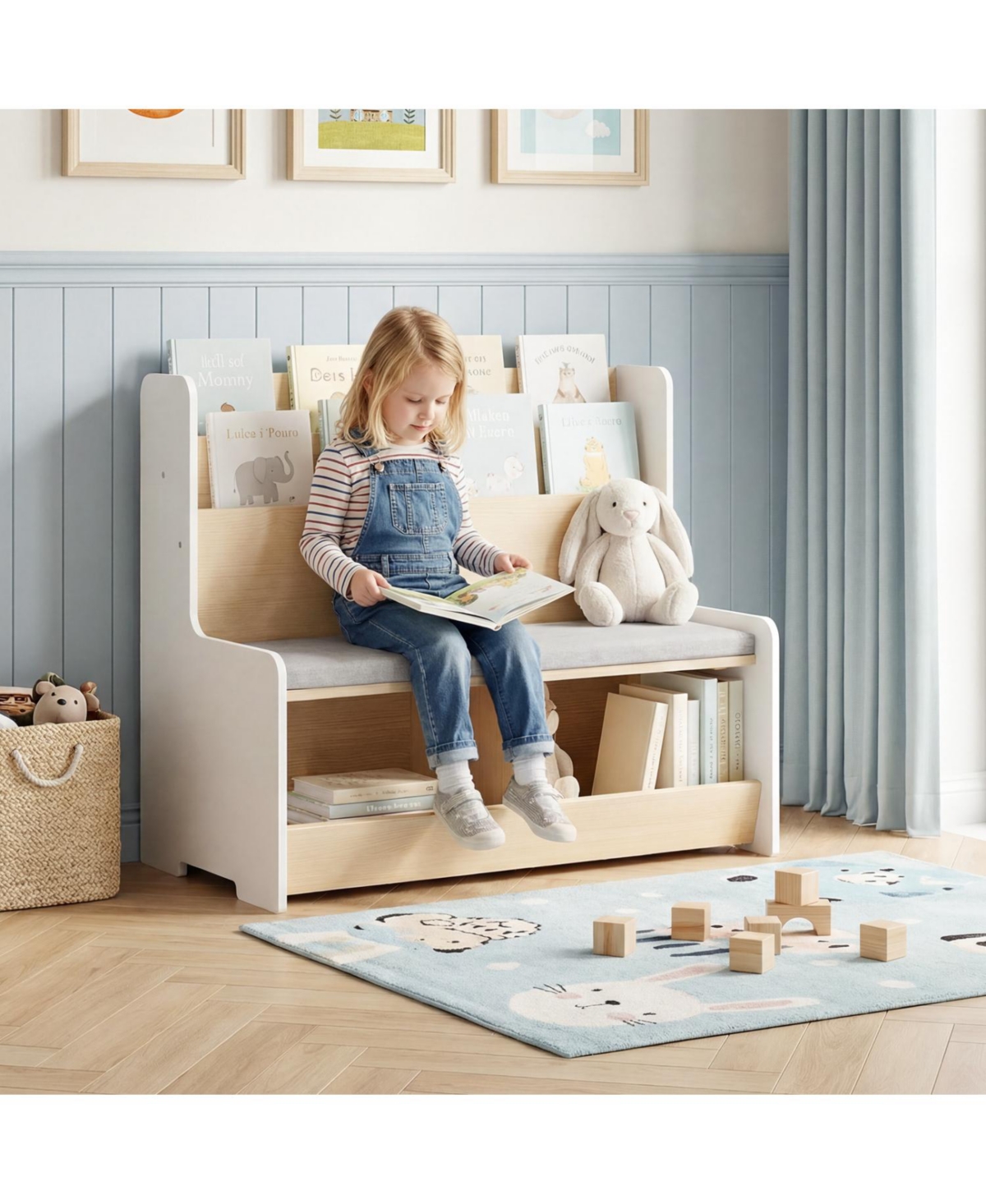 Slickblue Children's Reading Nook Bench with Bookshelf and Cubbies