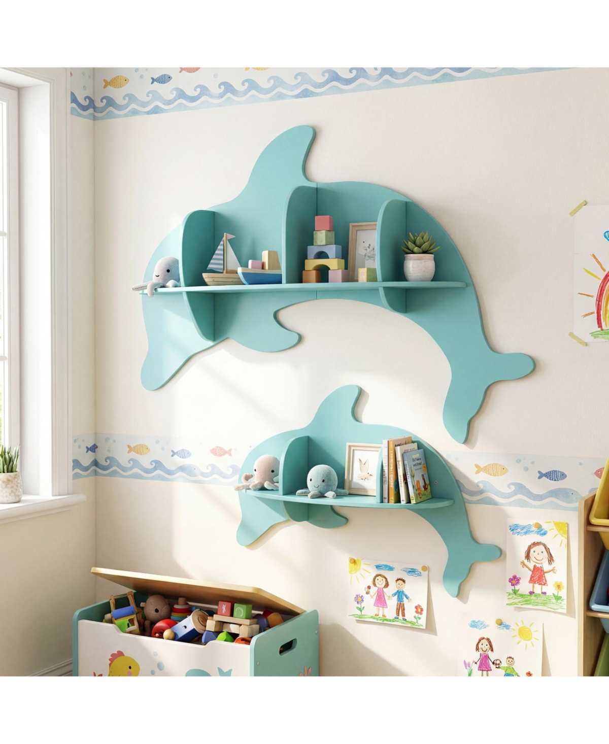 Slickblue 2 Pack Dolphin Floating Shelves Wall Mounted Storage Rack