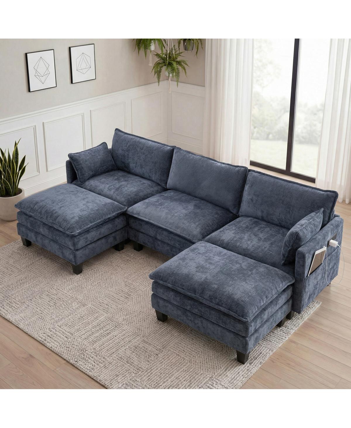 Streamdale Furniture Modern Chenille 3-Seat Sofa with Ottoman, Usb Ports and Side Pockets