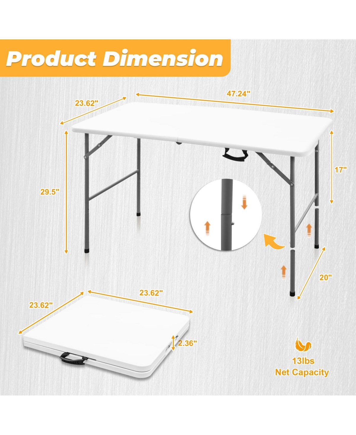 Piscifun Portable Folding Table Heavy Duty Steel Hdpe Indoor Outdoor Camping Picnic Party Utility Adjustable Height Easy Clean