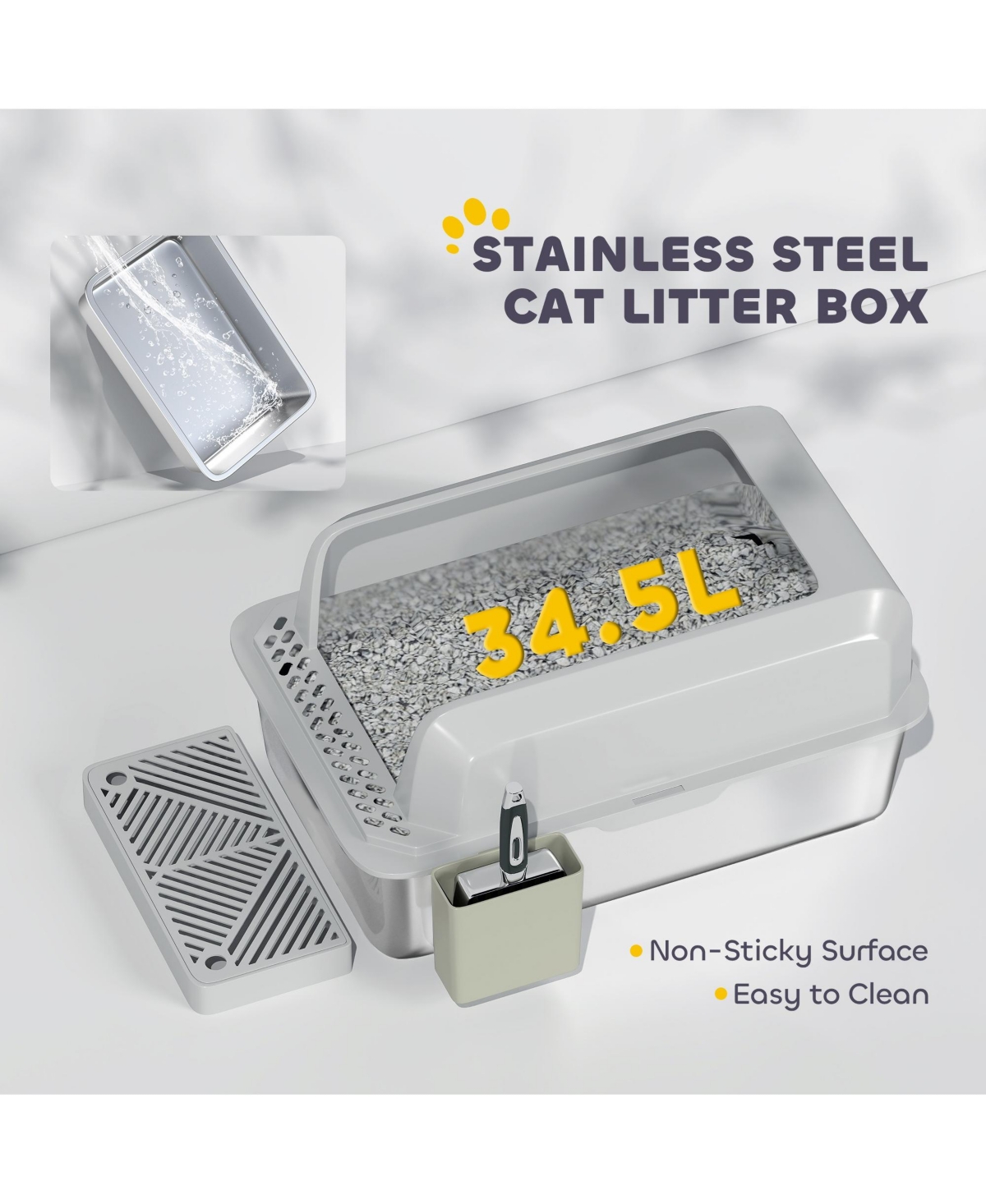 Ruie Stainless Steel Cat Litter Box High Sided with Metal Scoop