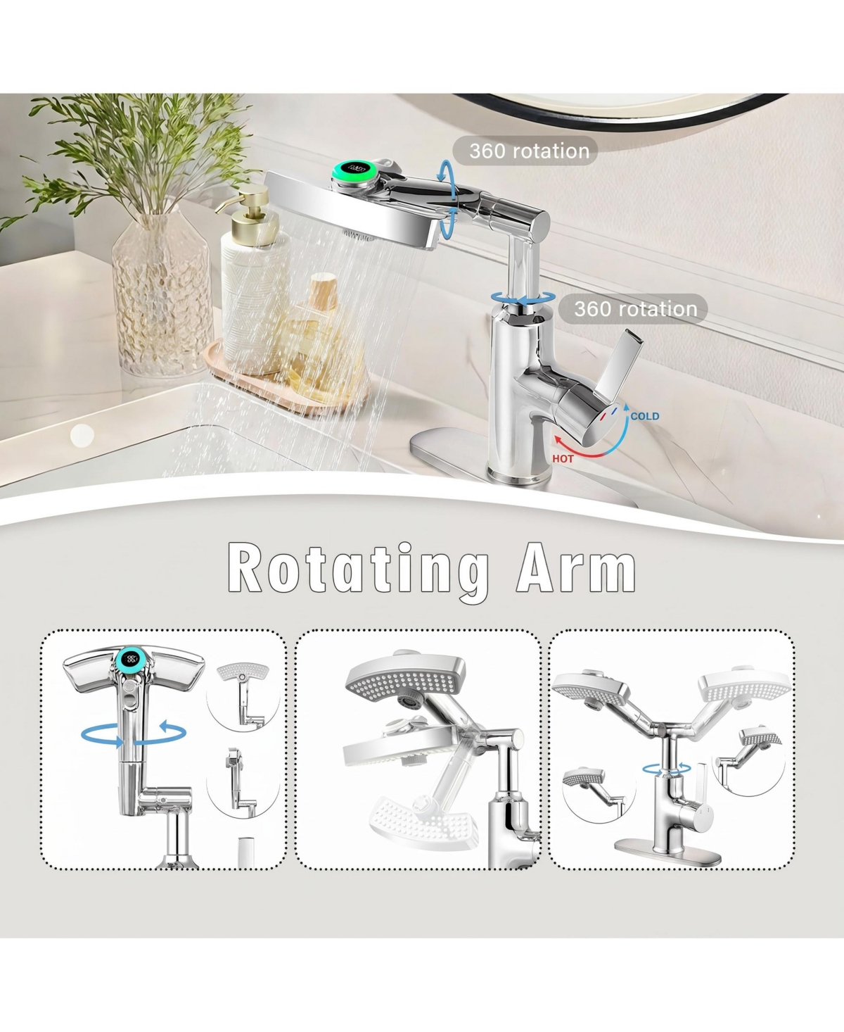 Busdays Single Handle Led Bathroom Sink Faucet Temperature Display 3 Modes 360 Rotating Spout Vanity Faucet with Digital Screen