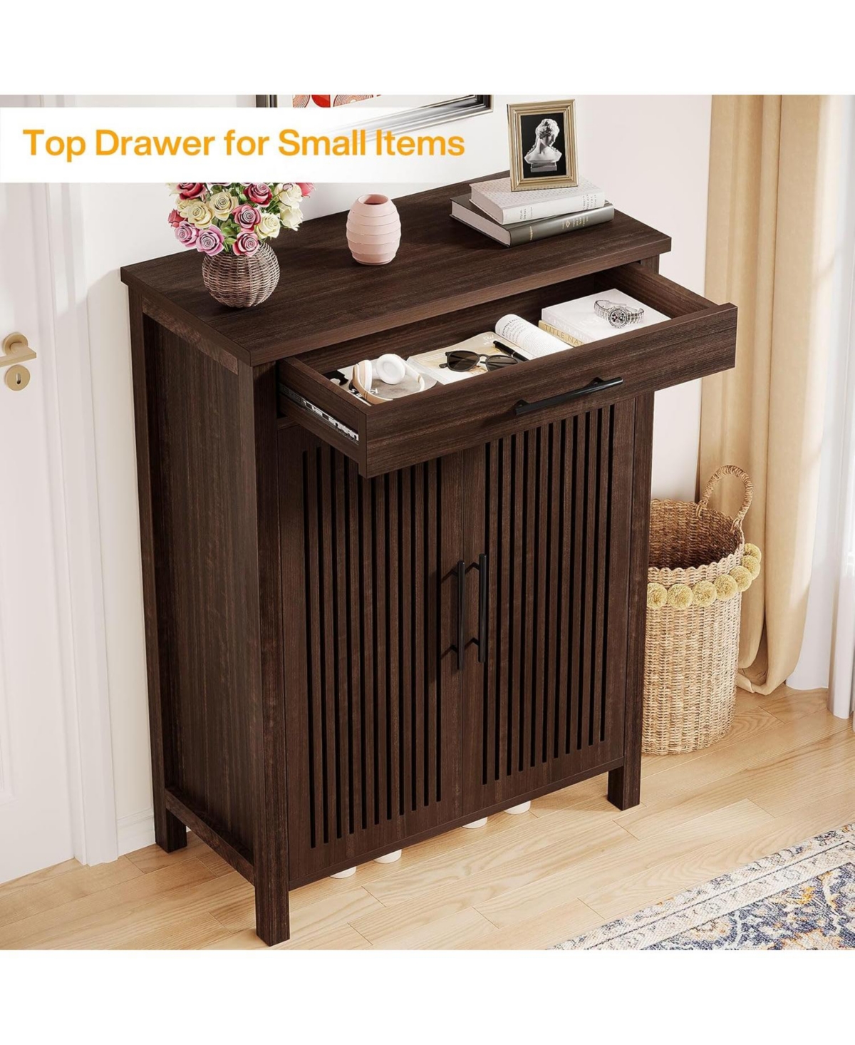 Tribesigns 5-Tier Shoe Cabinet,Shoe Storage Cabinet with Louvered Doors and Drawer, Freestanding Wooden Rack Organizer Adjustable Shelves