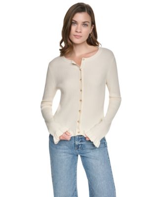 Women's Ruffle-Trim Ribbed Crewneck Cardigan