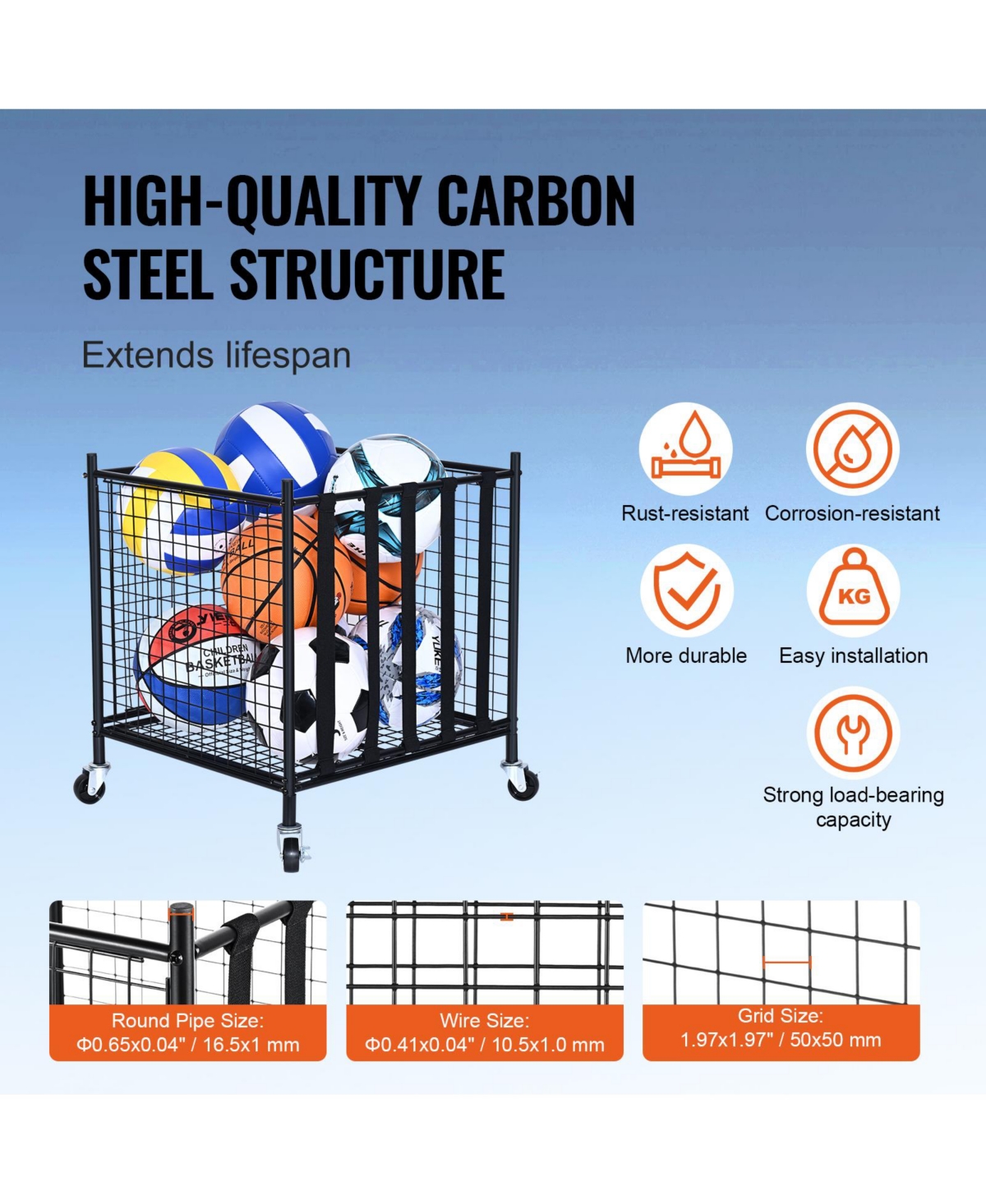 Vevor Rolling Sports Ball Storage Cart Garages Sports Equipment Organizer Steel