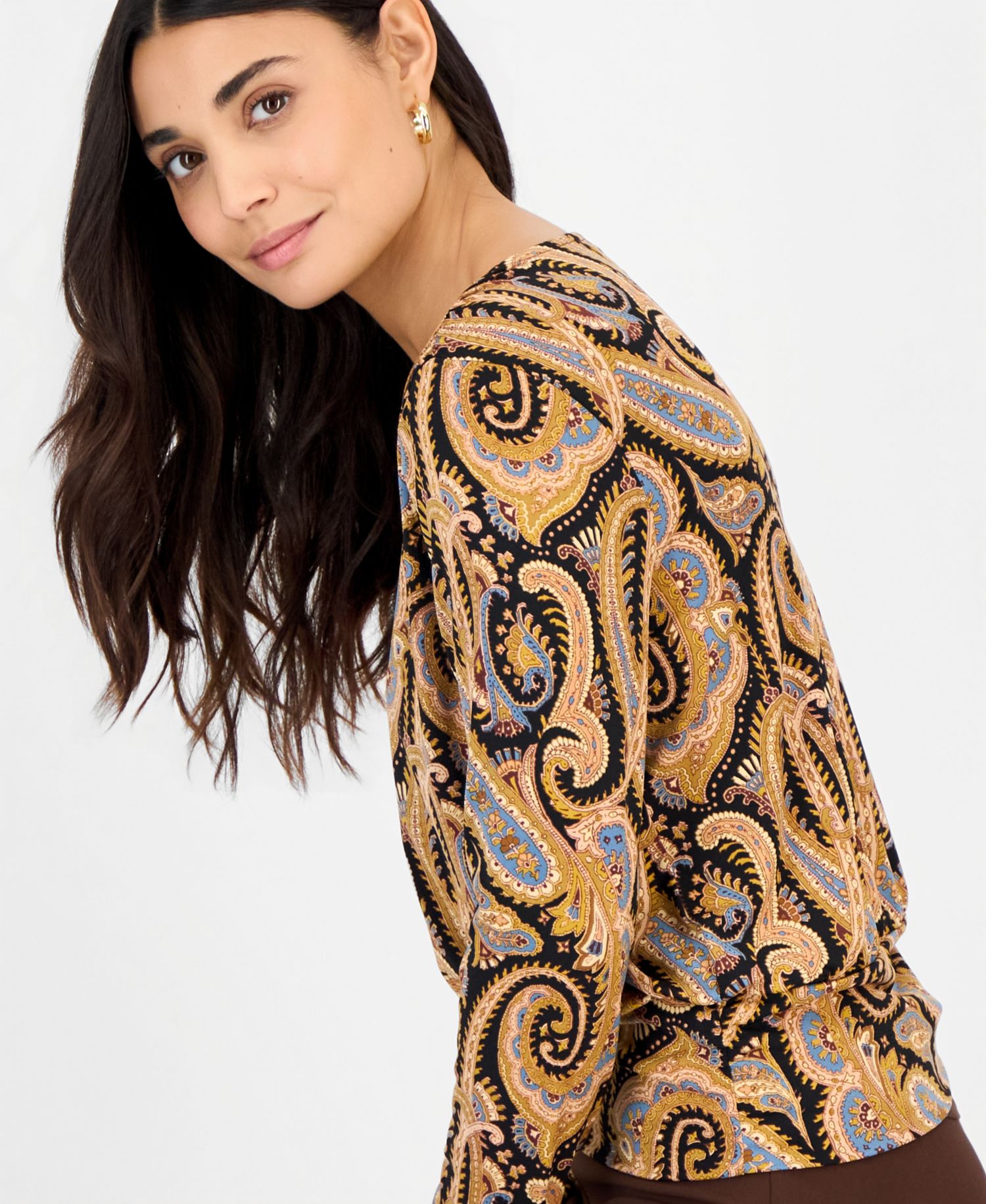 Petite Long-Sleeve V-Neck Paisley Blouse
