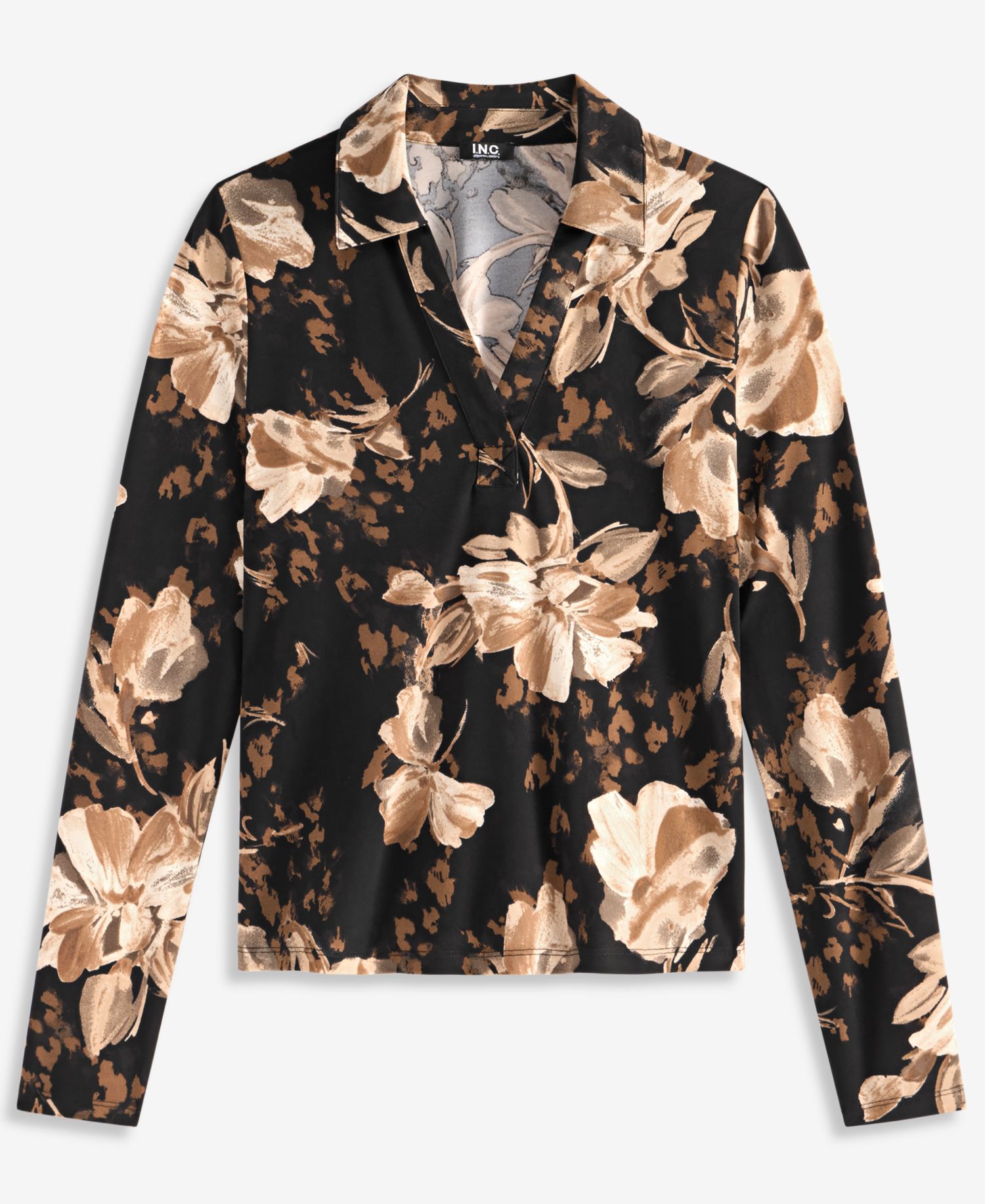 Petite Long-Sleeve Floral-Print Point Collar Top