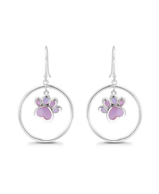 Pink Shell Inlay Fine Silver-Plated Paw in Open Circle Fishhook Drop Earrings