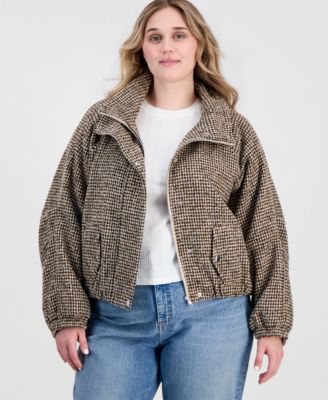 Plus Size Plaid Cropped Puffer Jacket